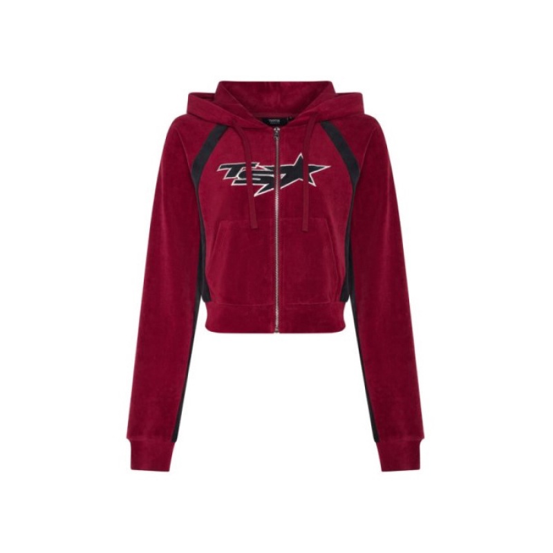 Trapstar TS-Star Contrast Panel Velour Hoodie Kapşonlu Kadın Bordo Türkiye | SD38-235